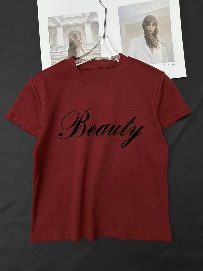 韩哈尼新品字母植绒时尚圆领短袖休闲T恤百搭透气简约舒适薄绒