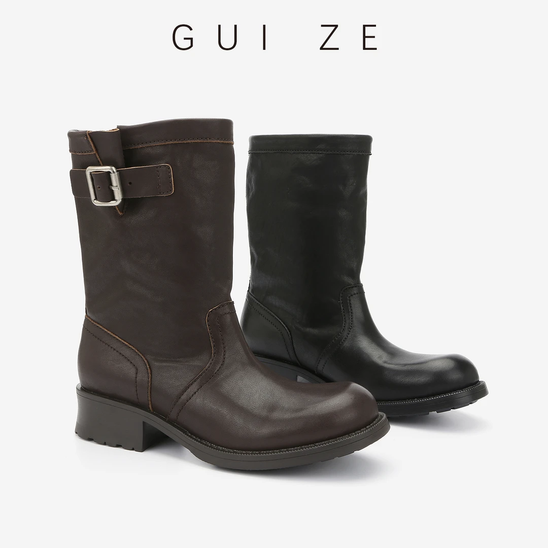 爆款平底马丁靴2025秋冬新款真皮时装靴皮带扣女靴子中筒靴机车靴