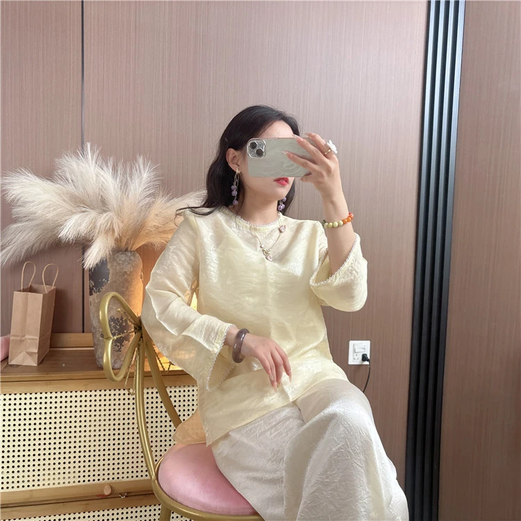 【伊人】天丝麻薄款九分袖新中式国风打底衫衬衫女衬衣宽松圆领防晒