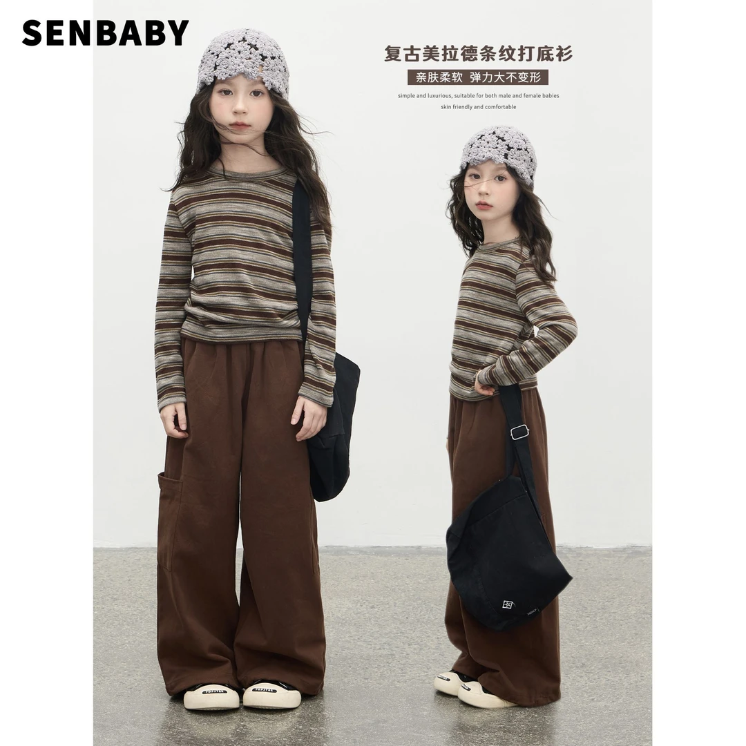 【现货】senbaby女童圆领针织T恤秋冬套头长袖内搭复古条纹打底衫