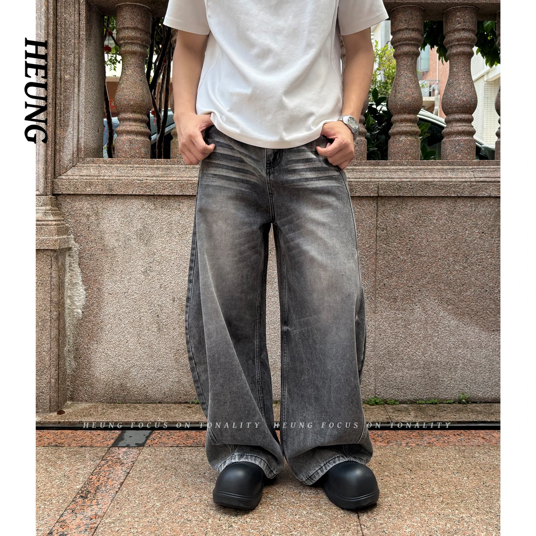 HEUNG 美式复古黑色弯刀牛仔裤男女同款阔腿宽松直筒做旧镰刀裤子