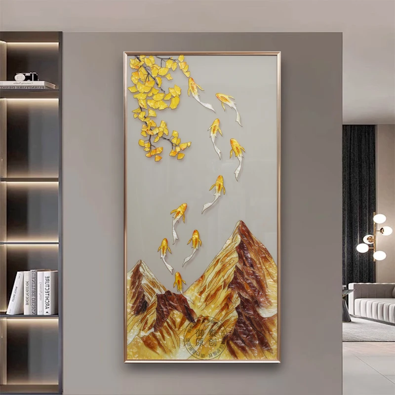 现代轻奢入户玄关画纯手工绘制珐琅彩高端装饰画竖版锦鲤金山壁画