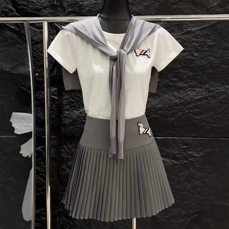 S学院圆领休闲百搭T恤ins风百褶裙套装A14390