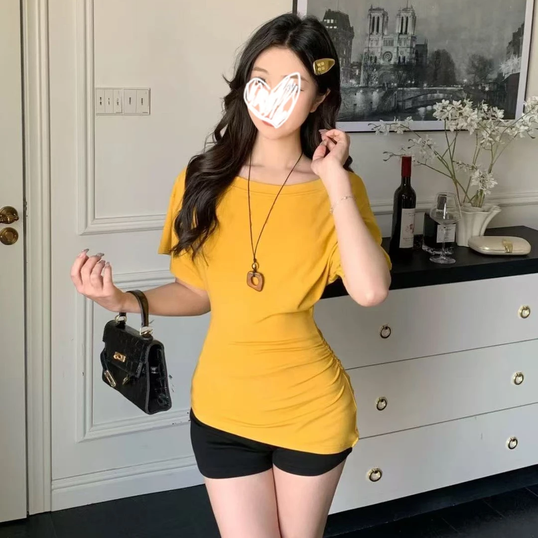 显瘦一字肩斜肩短袖T恤女夏不规则修身辣妹气质露肩百搭上衣3936