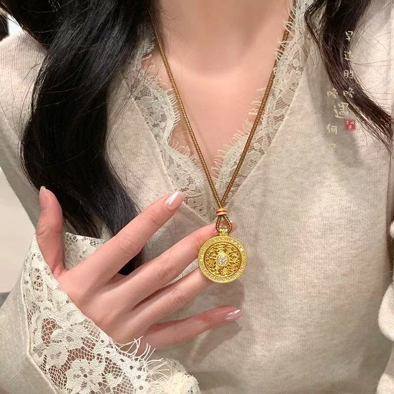 非金属棉绳项链 韦雪同款古法吉祥八宝罗盘可旋转罗盘项链
