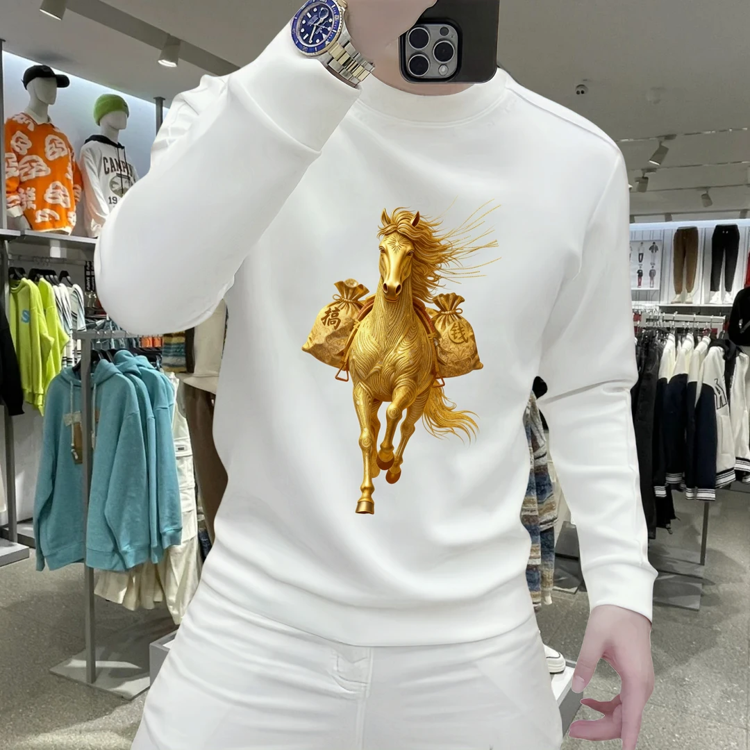 新款男士圆领加绒卫衣秋冬季潮流休闲百搭长袖时尚青年内搭上衣男