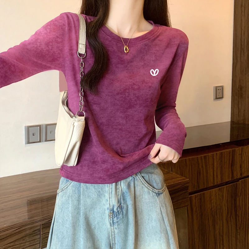 美式扎染纯棉正肩长袖t恤女秋季2025年新款显瘦修身打底衫上衣春