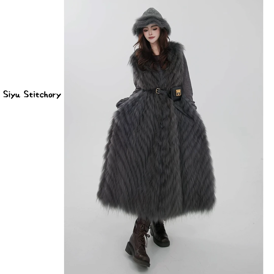 【思语】“黑天鹅” CC25072 进口乌苏里貉子毛长款皮草外套