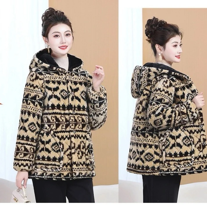 2025年秋冬新款女加厚加绒连帽棉服时尚罩衣保暖棉衣宽松短款棉袄