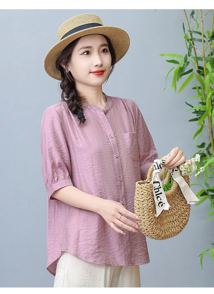 印染新中式夏季意式线绣丝麻衬衫宽松大码衬衫女装上衣