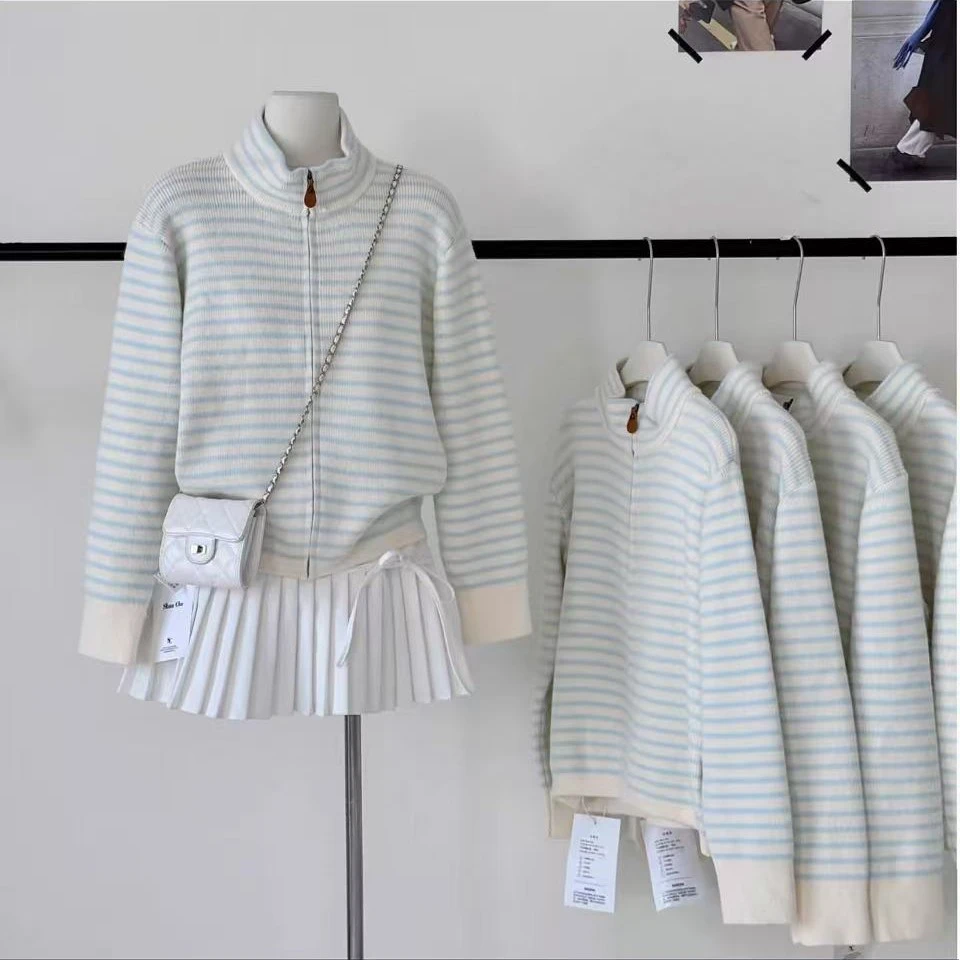 秋冬韩系egg原版拉链立领毛衣上衣蓝白条纹撞色针织开衫外套女
