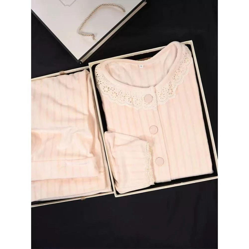 5843  女士春秋冬季新款甜美蕾丝花边海岛绒家居服套装