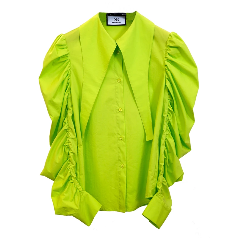 小尧【BASSIRIANA】高级感绿色尖领衬衫女设计感上衣小众衬衫210403