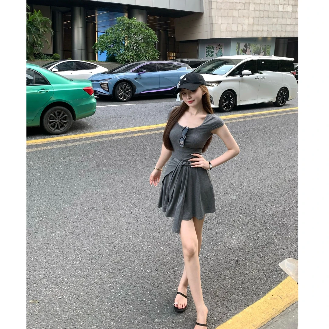 SZA【微甜少女】夏季新款韩系气质方领开扣修身短袖连衣裙A-2038