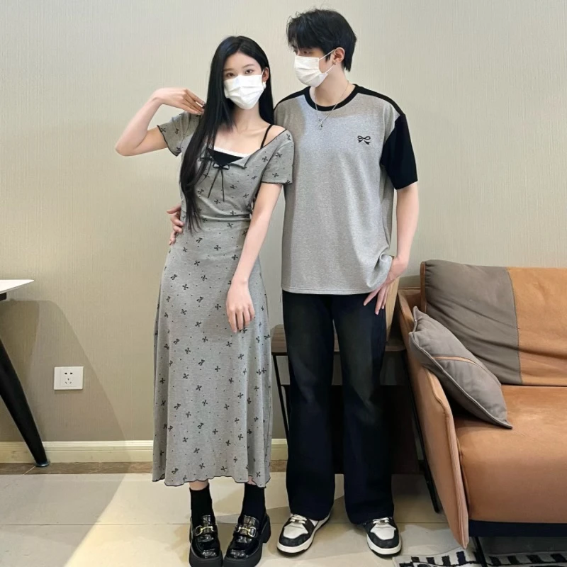 情侣装夏季新款法式复古假两件短袖连衣裙女收腰显瘦长裙一裙一衣