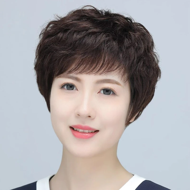 假发女全头套短发妈妈款中老年短卷发薄款真发全真人气质手织发套