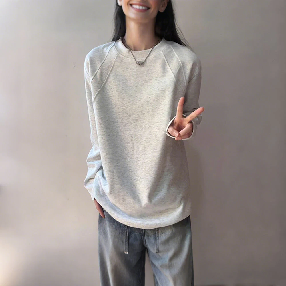 秋季新款白花灰设计感拼接卫衣女宽松圆领长袖T恤美式打底衫上衣