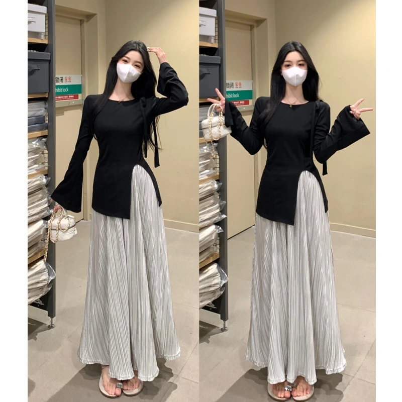大码女装2025春夏新款黑色不对称开叉针织上衣灰色半身裙气质穿搭