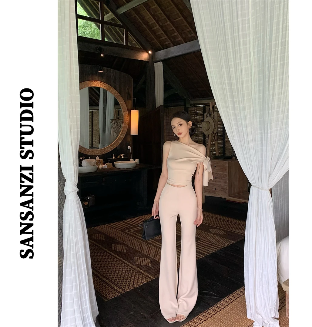 SANSANZI法式气质蝴蝶结无袖T恤女装夏季杏色休闲裤微喇裤两件套