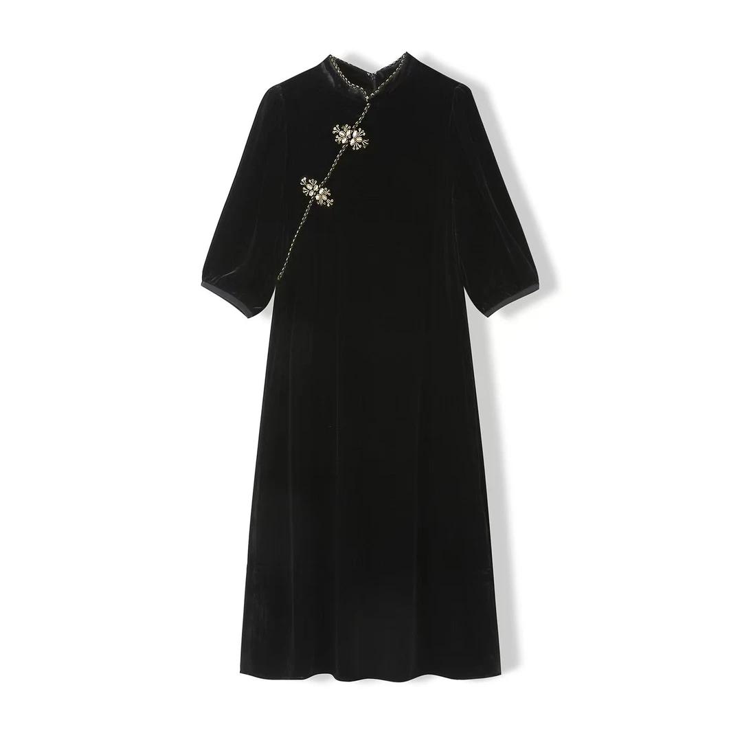 桑蚕丝真丝丝绒秋装中长款宽松显瘦连衣裙T12