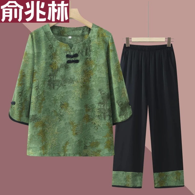 俞兆林妈妈装夏装新款中袖套装中老年人女装奶奶恤裤子老太太透气