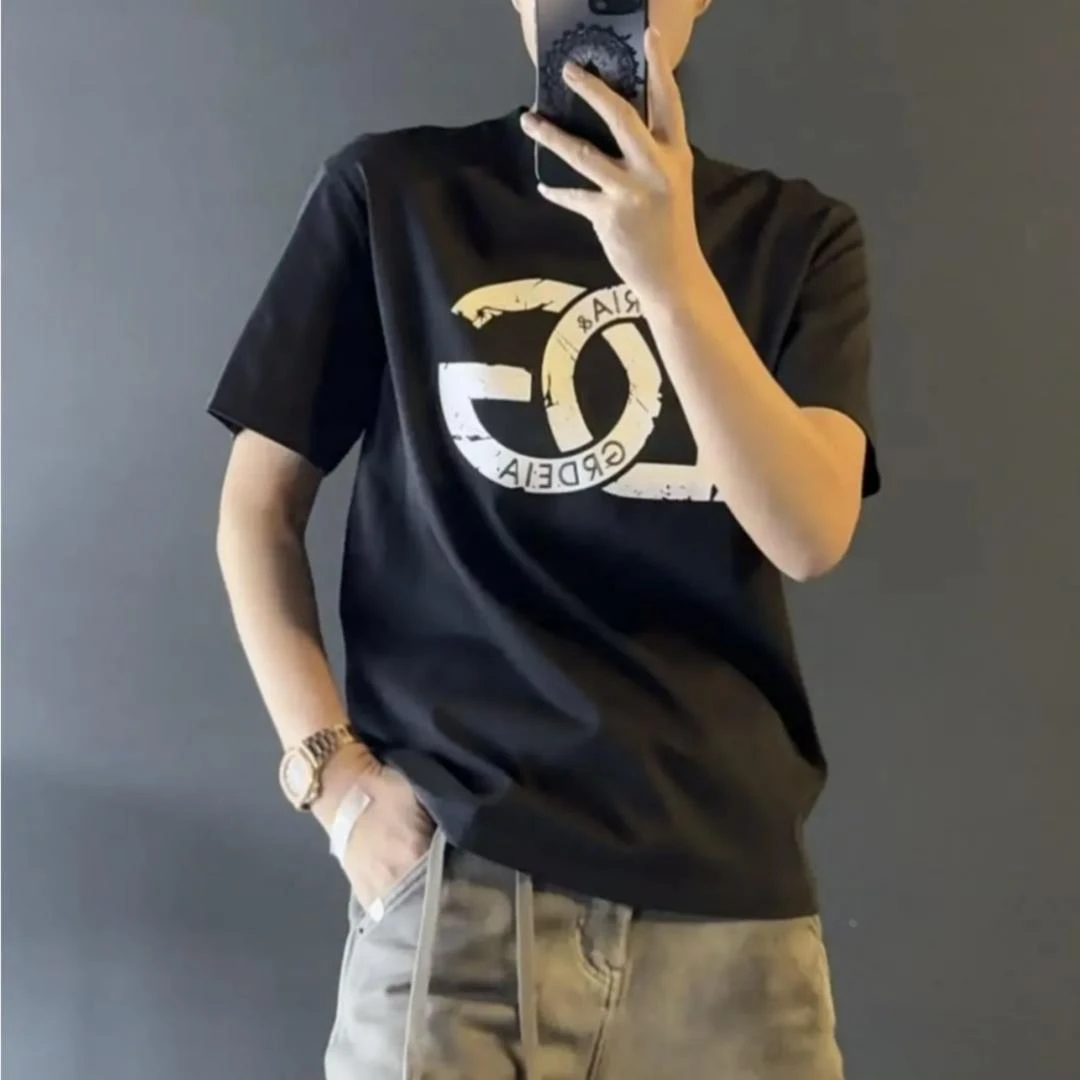 男士轻奢显瘦短袖时尚潮流印花圆领半袖2025夏季潮牌宽松休闲T恤