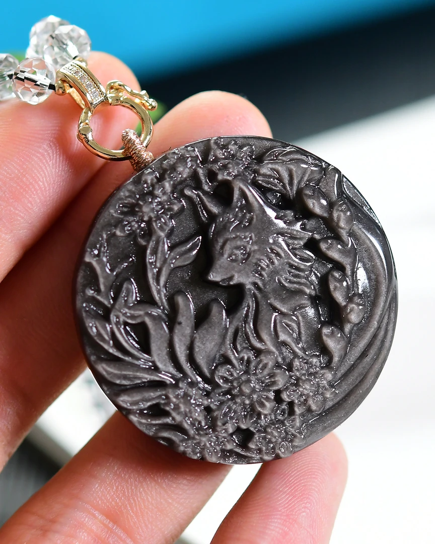 天然银曜石九尾狐吊坠黑曜石圆牌九尾狐男女款项链毛衣链凤九挂件