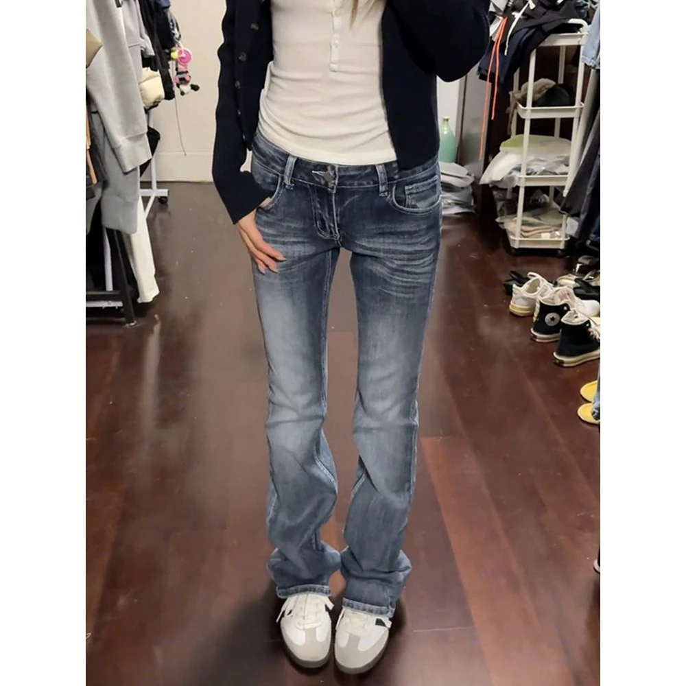 美式修身显瘦潮流窄版低腰直筒牛仔裤女2025新款气质弹力微喇裤子