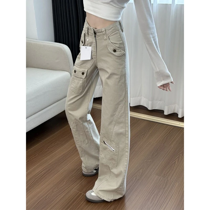美式高腰显瘦多口袋微喇工装裤女秋季新款设计感不贴腿拖地牛仔裤