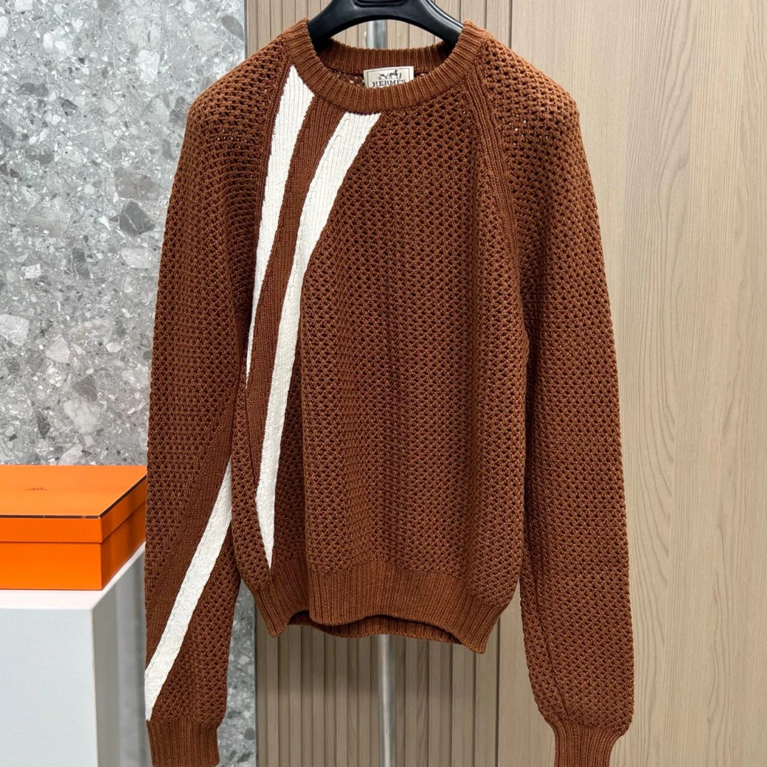 全新未使用 Hermes/爱马仕 132651 男款粗针编织毛衣 山羊绒