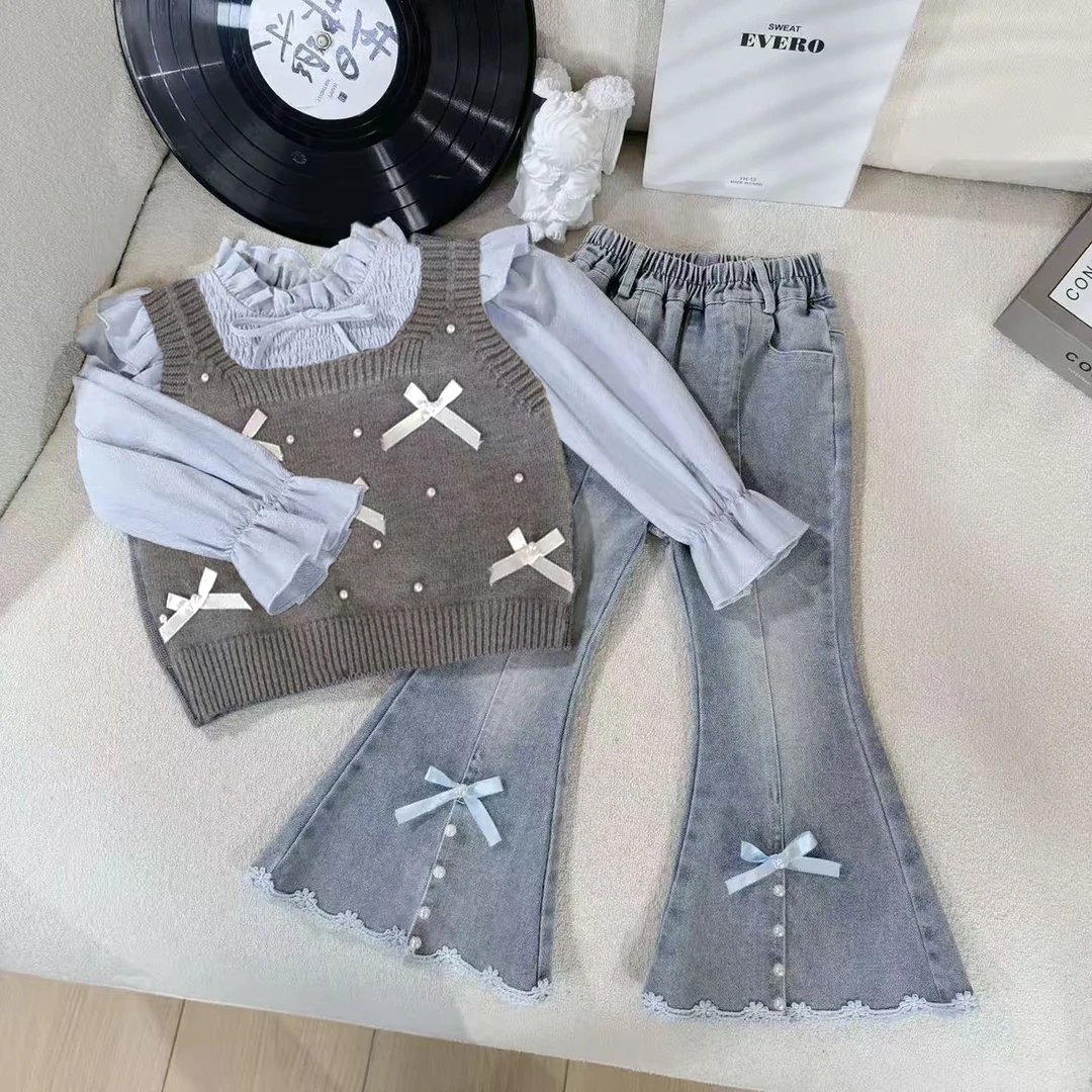 女童春秋装新款衬衫马甲三件套儿童装上衣小女孩衬衣时髦洋气可爱