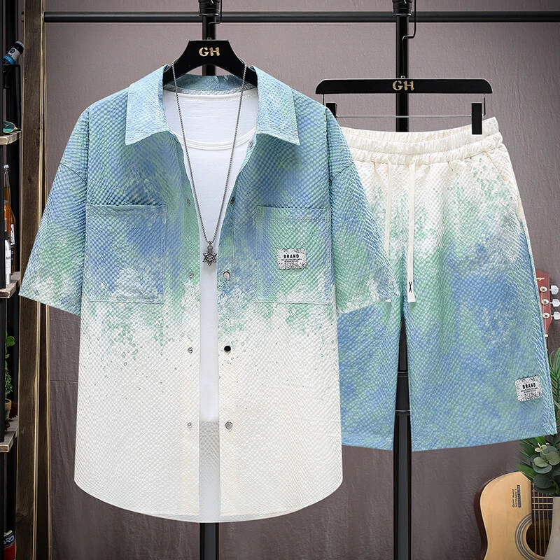 夏季新款渐变套装青少年时尚潮流休闲百搭痞帅宽松短袖短裤两件套