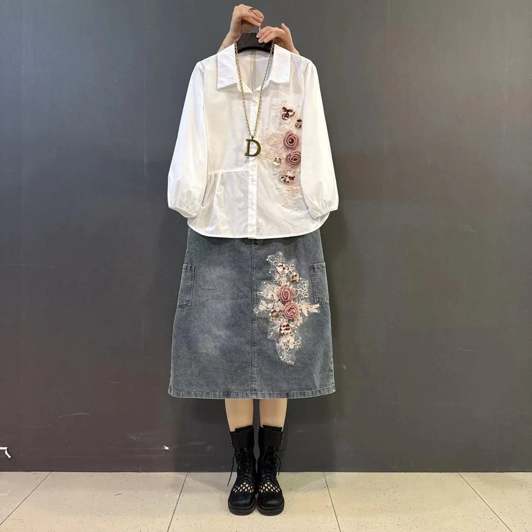 早春新款重工立体花朵衬衫牛仔半裙胖MM两件套