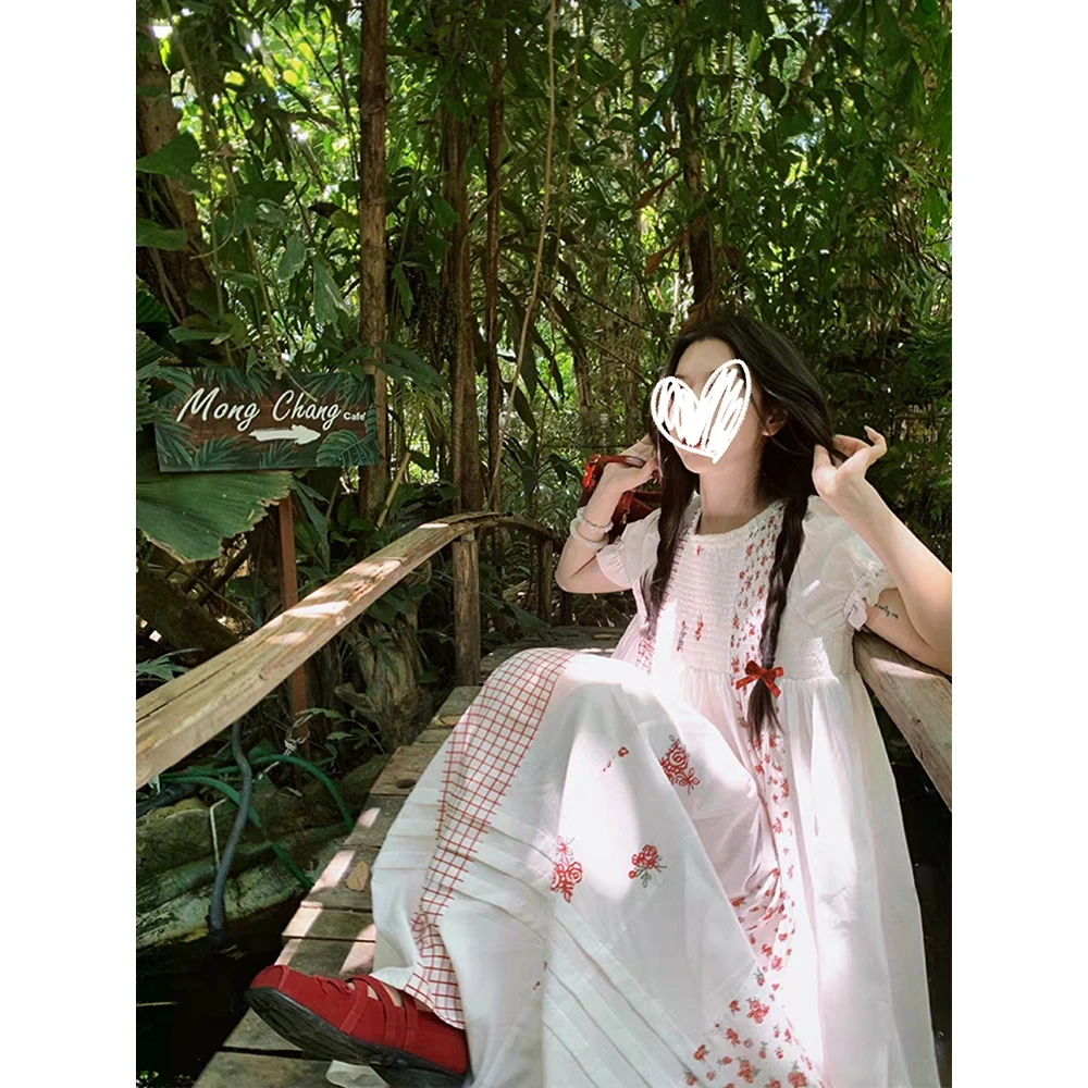 玫瑰舞步 印花&刺绣圆领泡泡袖连衣裙夏季减龄学院风长裙女