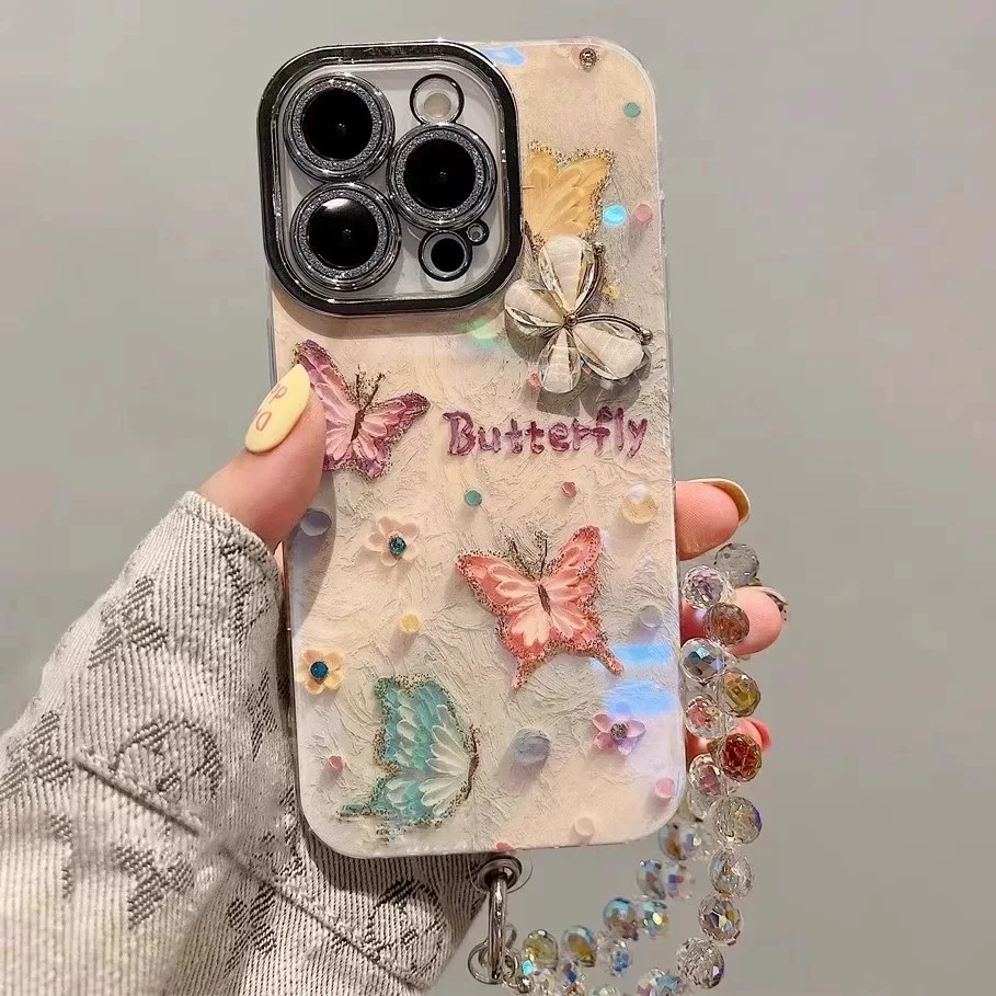 高级油画彩色蝴蝶带镜头膜iPhone17promax手机壳适用苹果16带链条