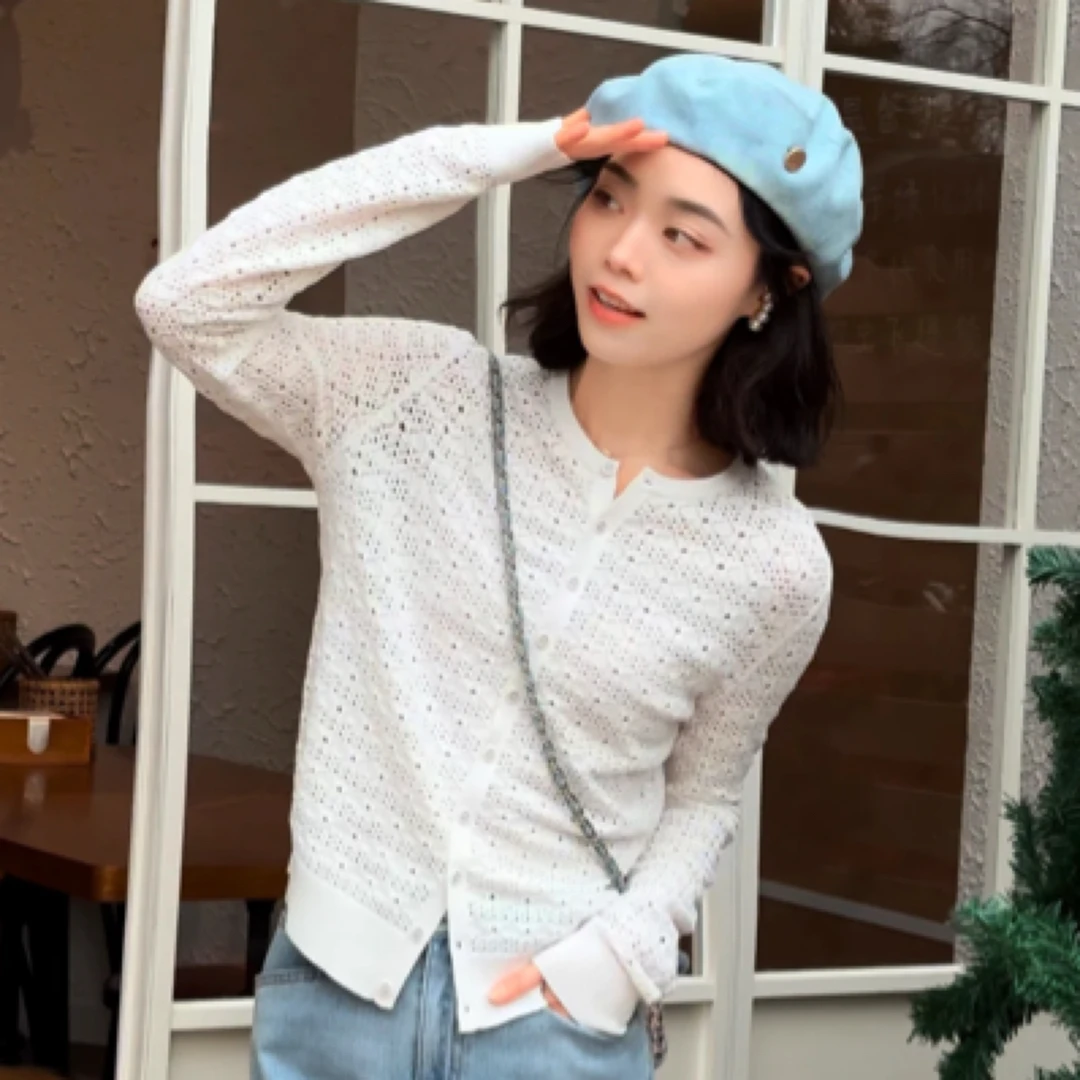 哥弟镂空气质短款小香风百搭舒适通勤时尚长袖圆领针织开衫148016