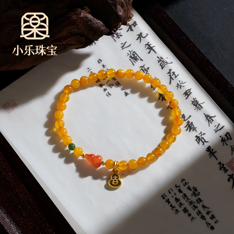 鸡油黄高品质蜜蜡单圈加南红和田玉女式手链多样性发一-10187