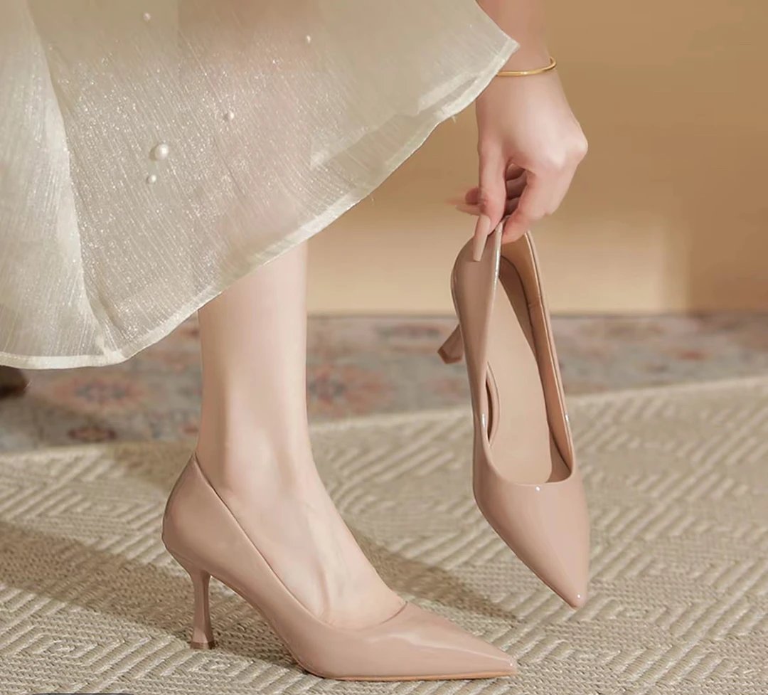 久站久走不累脚高跟鞋女2025春夏百搭细跟法式尖头气质漆皮女单鞋