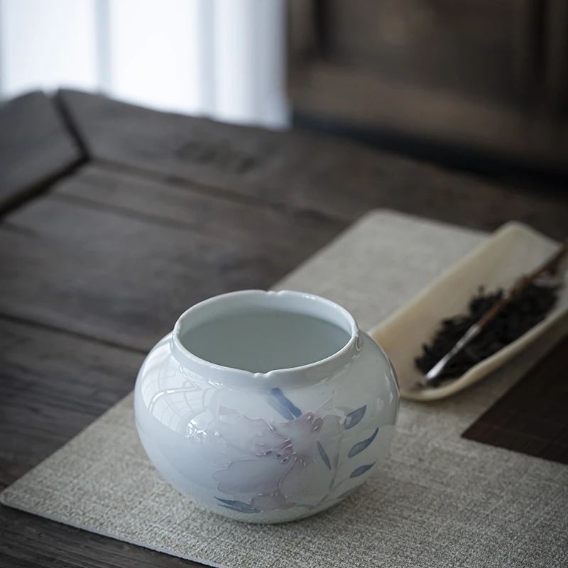 高端粉彩手绘百合白泥玉泥建水手工水盂茶道配件茶渣缸