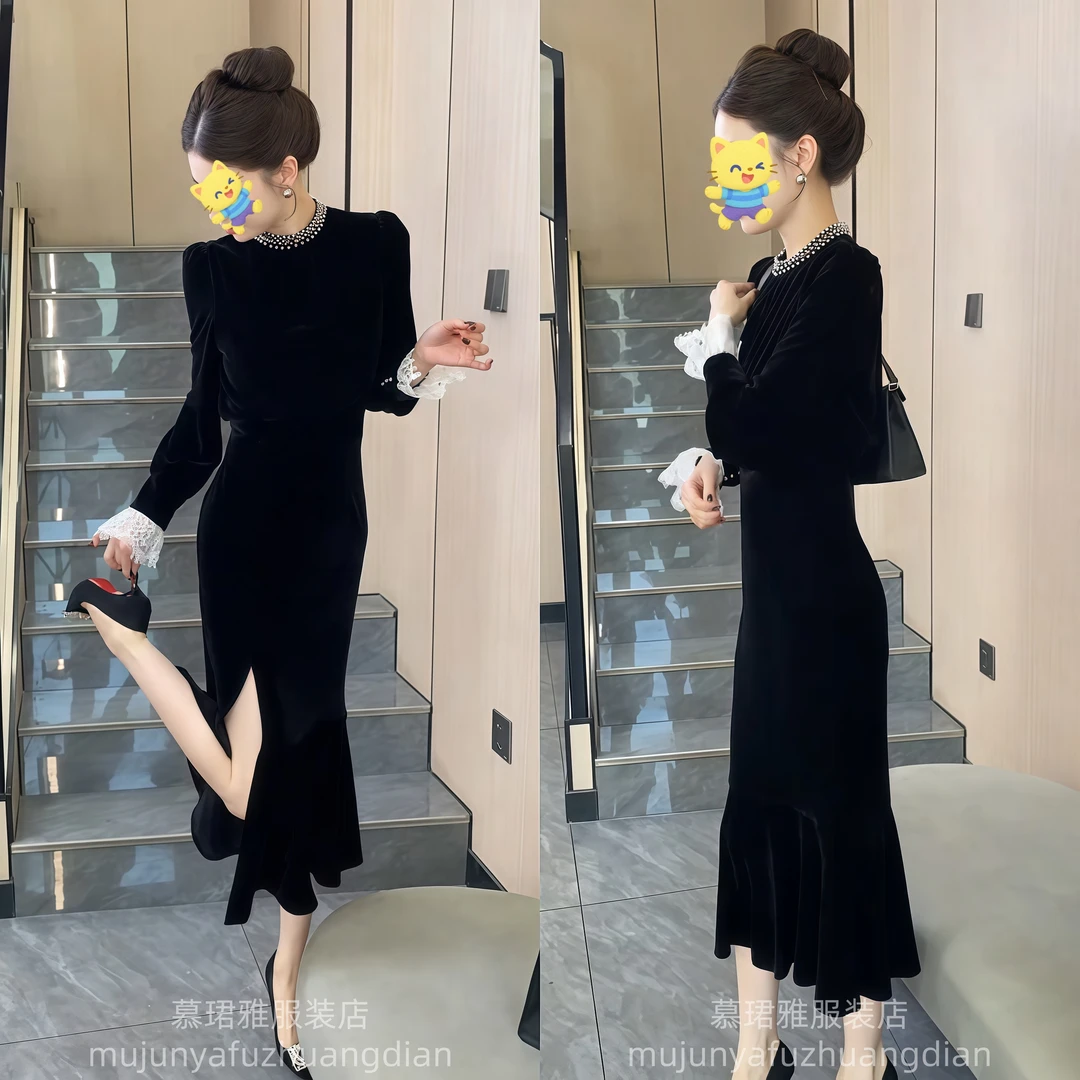 法式小香风黑色丝绒连衣裙子轻奢小众高端年会生日party小礼服春