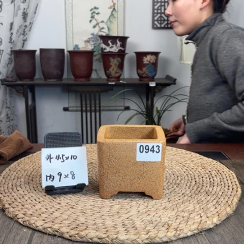 紫砂花盆柴烧刻绘小正方0943