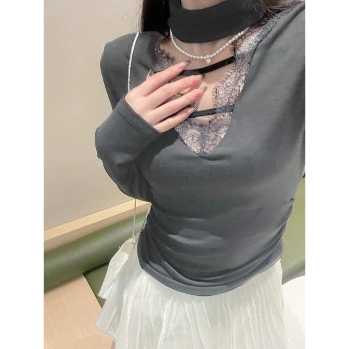 纯欲风显瘦百搭蕾丝拼接v领长袖加绒挂脖T恤女秋冬修身加绒打底衫