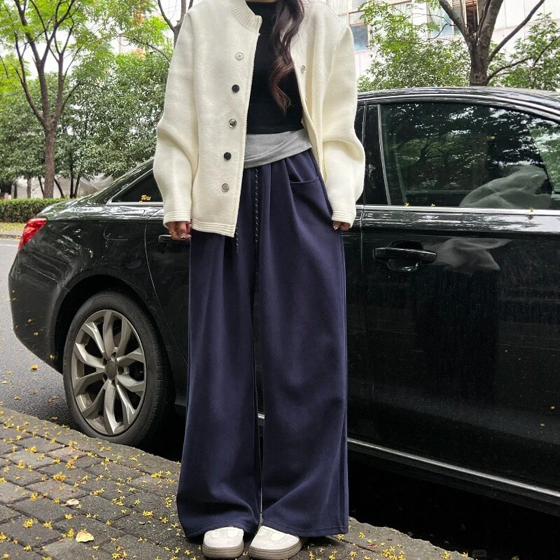 藏蓝色运动休闲裤女秋季新款大码胖mm腿粗屁股大梨型身材阔腿卫裤