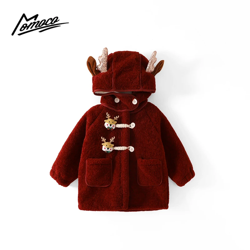 MOMOCO冬季新款女童可爱圣诞麋鹿洋气呢子外套大衣77830107001