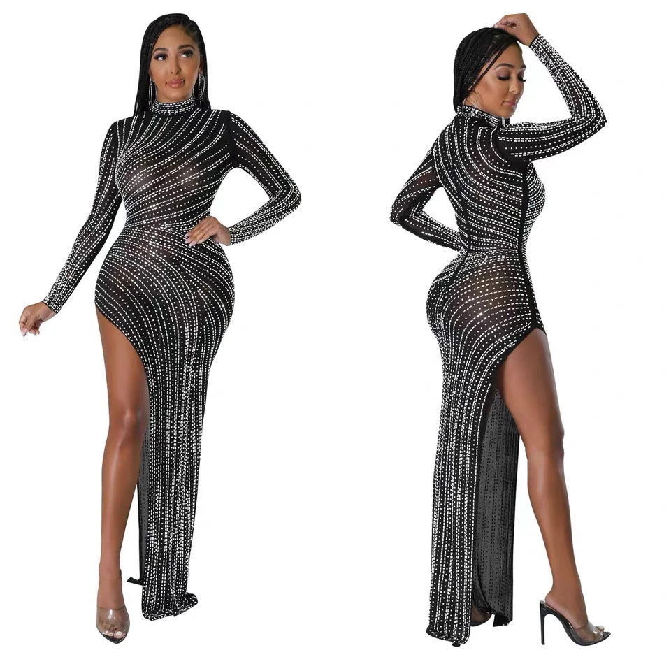 黑色长裙长袖烫钻立领纯色礼服修身muji风