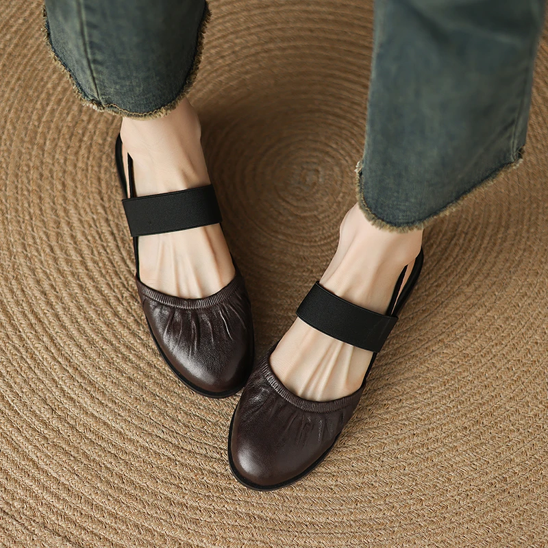 凉鞋女款2025夏季新款法式复古真皮一字带后空单鞋百搭休闲凉鞋女