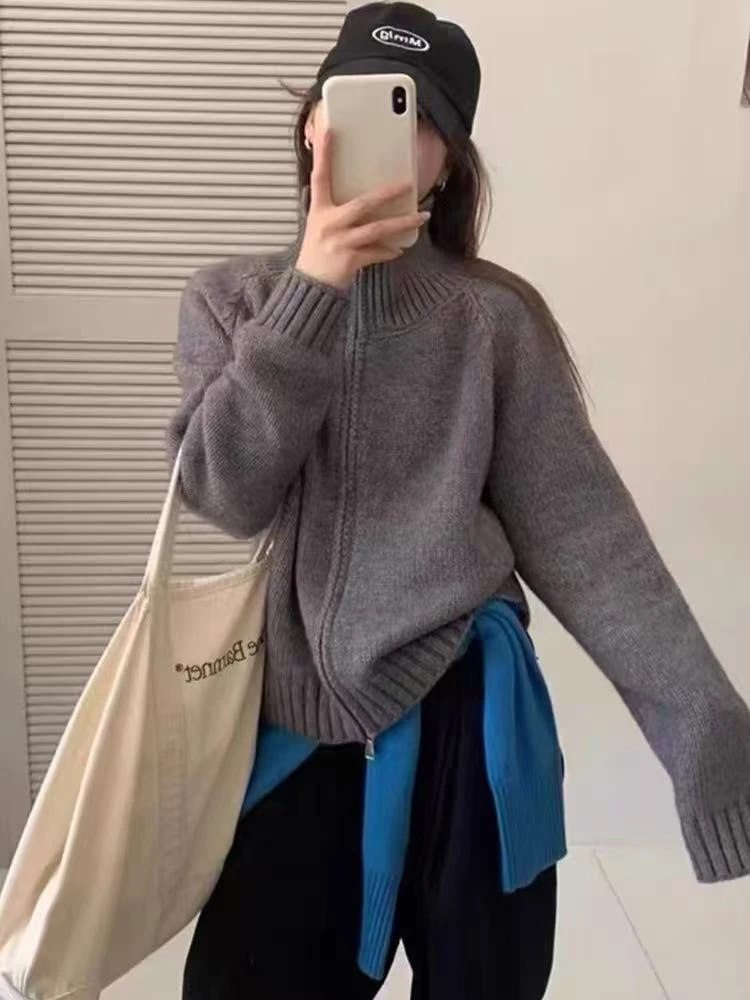 慵懒风毛针织开衫外套女秋冬立领双拉链宽松加厚百搭设计感TZ