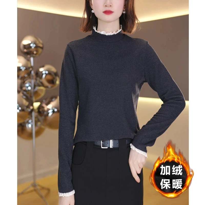 冬季新款加绒保暖打底衫女气质设计感长袖上衣T恤