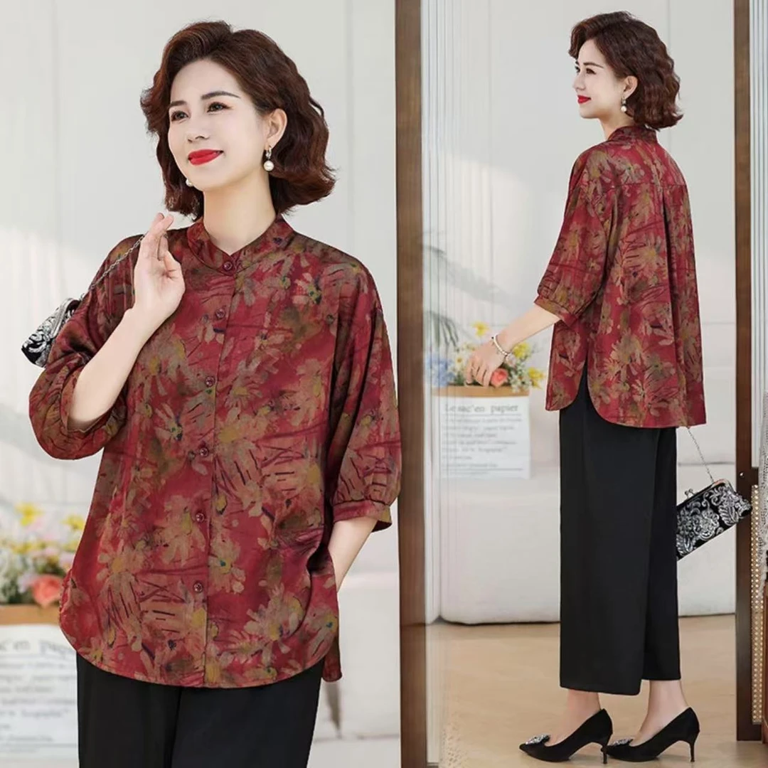 2513妈妈春夏装气质衬衫2025新款中老年女装大码宽松花色立领衬衫