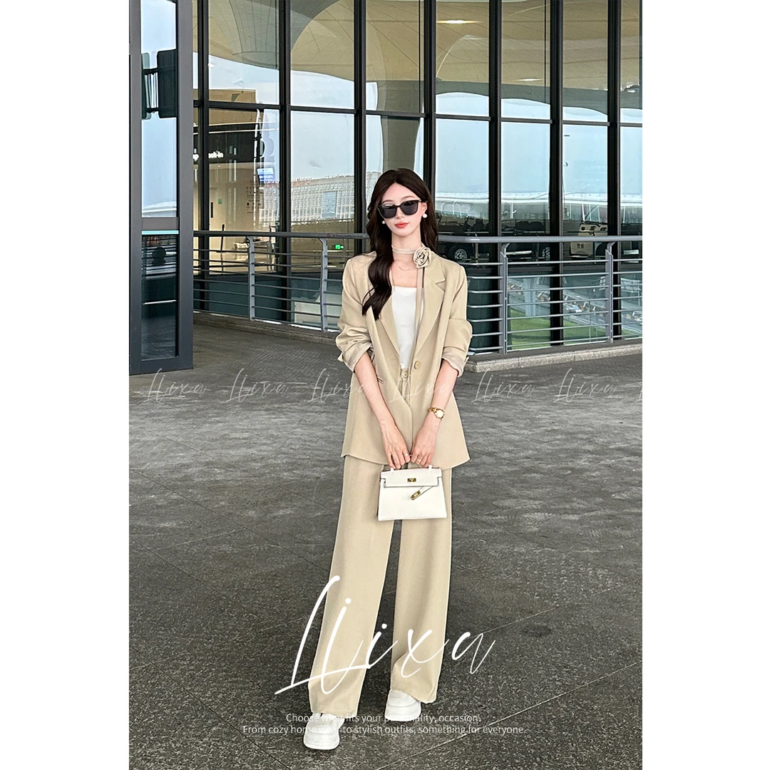 liixu2025年新款早秋季玫瑰花系带西装外套女长裤西裤西服25068